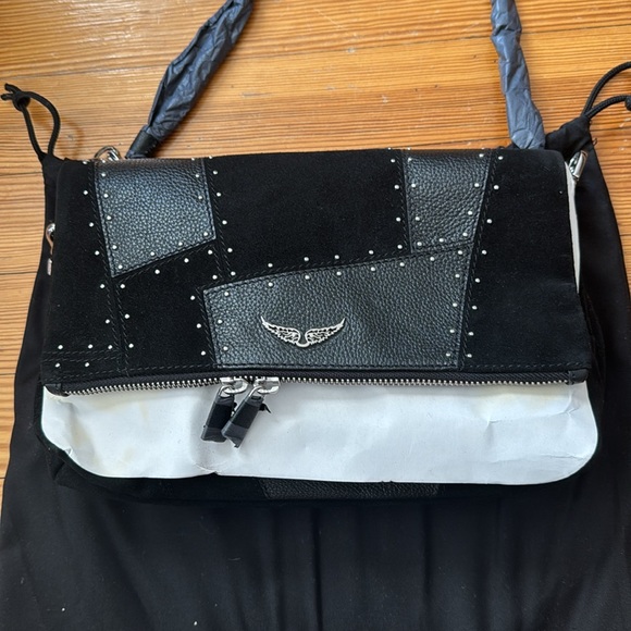 Zadig & Voltaire Black Suede & Pebbled Leather  Studded Rocky Patchwork Bag - Picture 3 of 16
